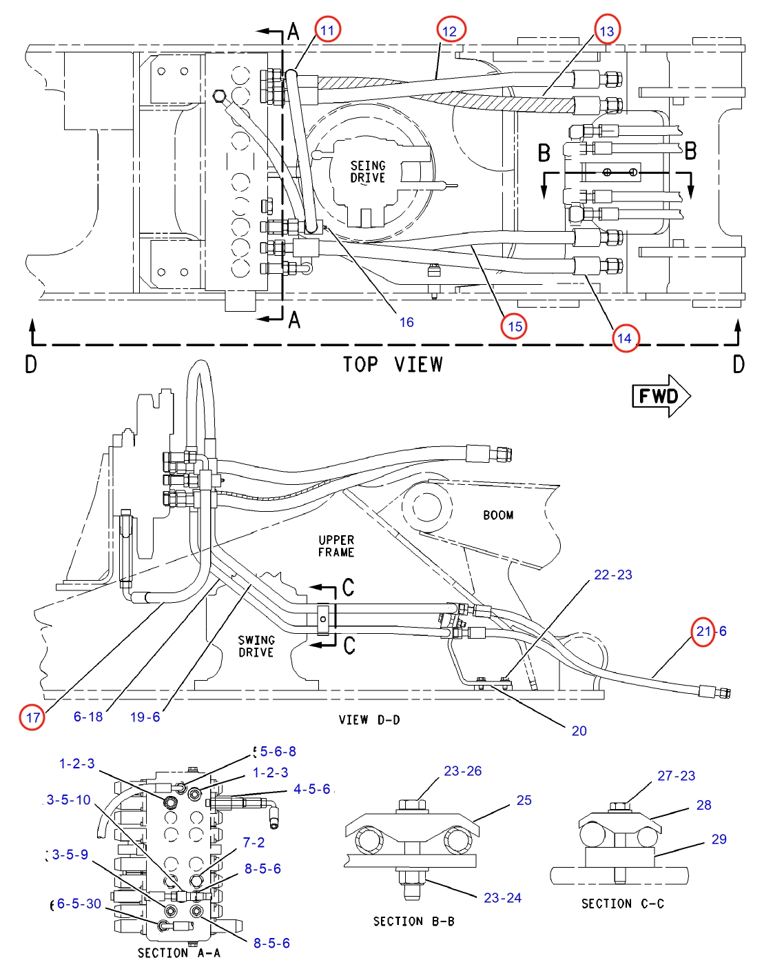 Caterpillar CAT®312B L installation diagram showing hydraulic hose 121-6269 at Pipe No. 21