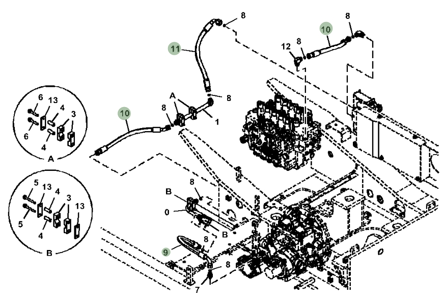Hitachi ZX470-5A installation diagram showing hydraulic hose 4636859 at Pipe No. 10