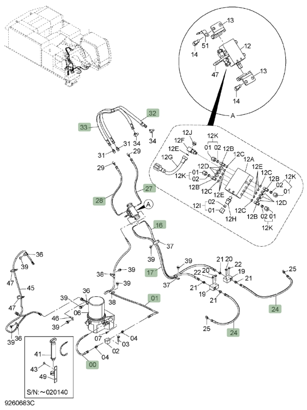 Hitachi ZX850LC-3 installation diagram showing hydraulic hose 4646145 at Pipe No. 0