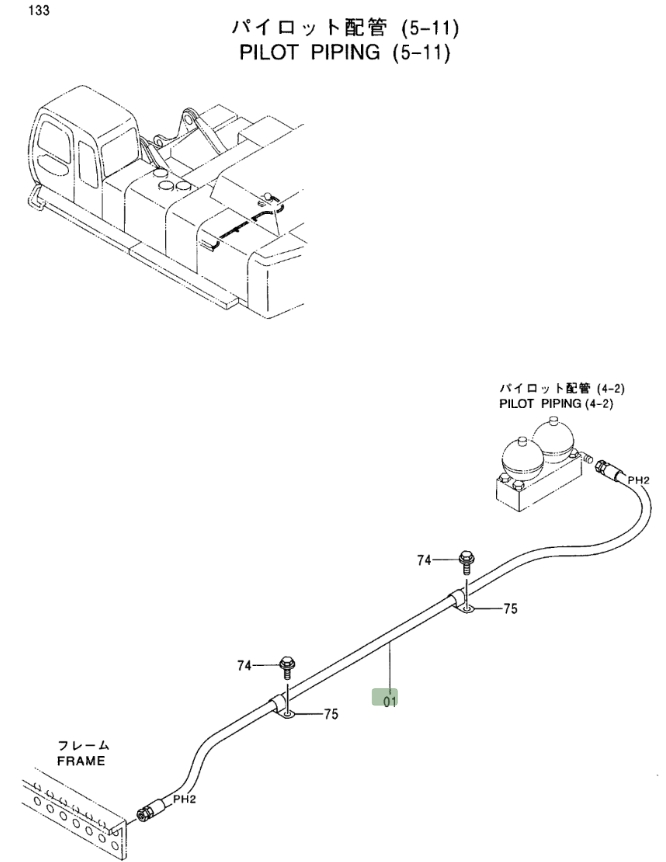 Hitachi EX750-5 installation diagram showing hydraulic hose 4375861 at Pipe No. 1