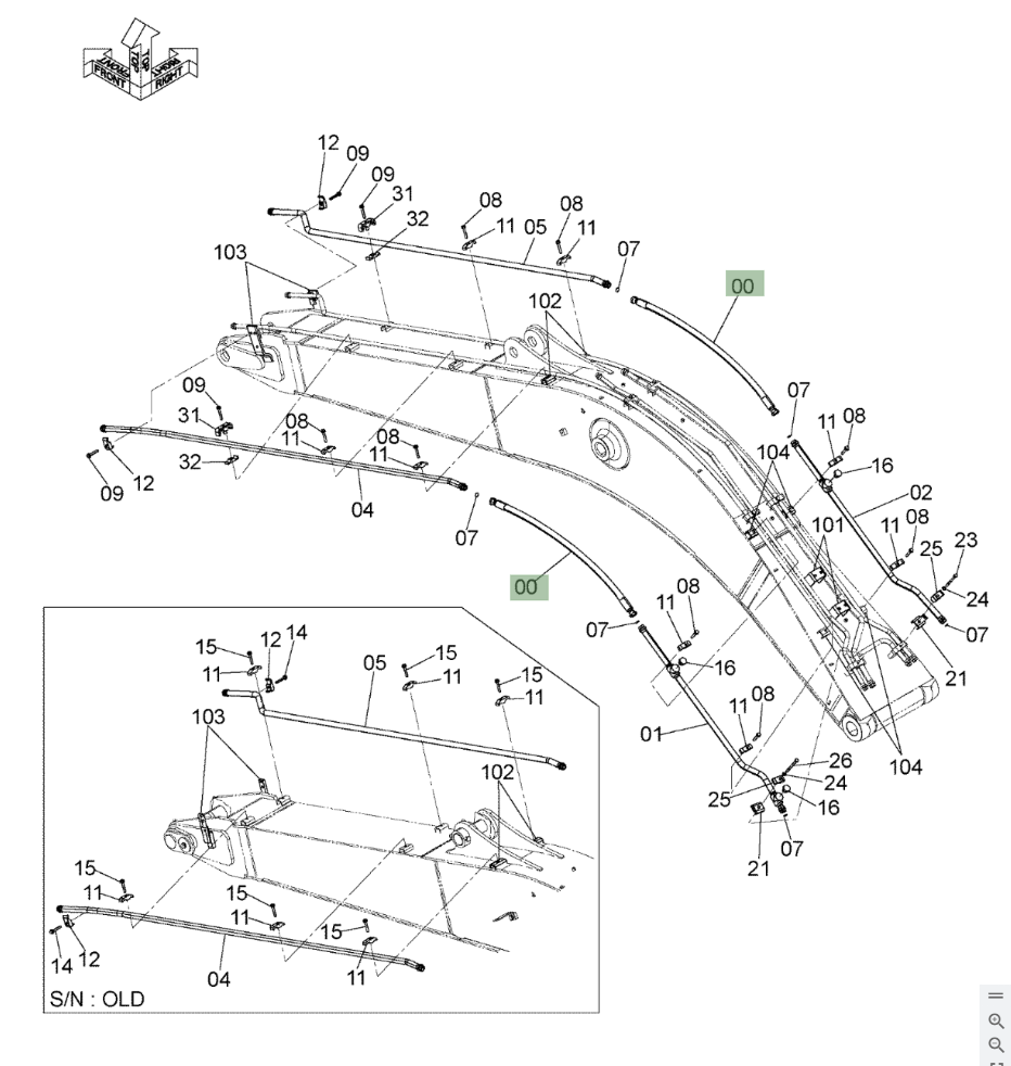 Hitachi ZX210W-3 installation diagram showing hydraulic hose 4649213 at Pipe No. 0