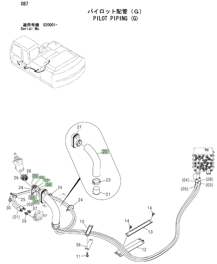 Hitachi ZX270LC installation diagram showing hydraulic hose 4437634 at Pipe No. 3