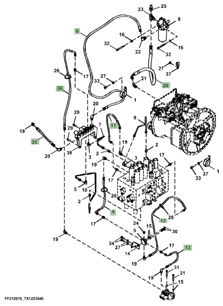 Hitachi ZX310F-FE-6N installation diagram showing hydraulic hose 4468180 at Pipe No. 36