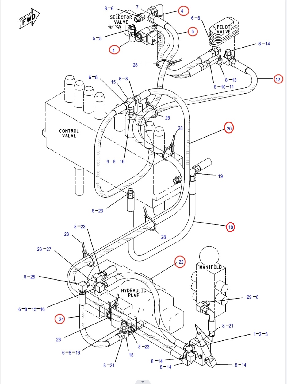Caterpillar CAT®312-A installation diagram showing hydraulic hose 7I-0924 at Pipe No. 18
