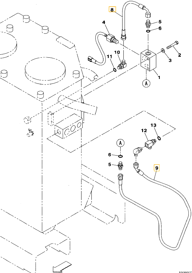 Case CX290B installation diagram showing hydraulic hose KHJ2292 at Pipe No. 8