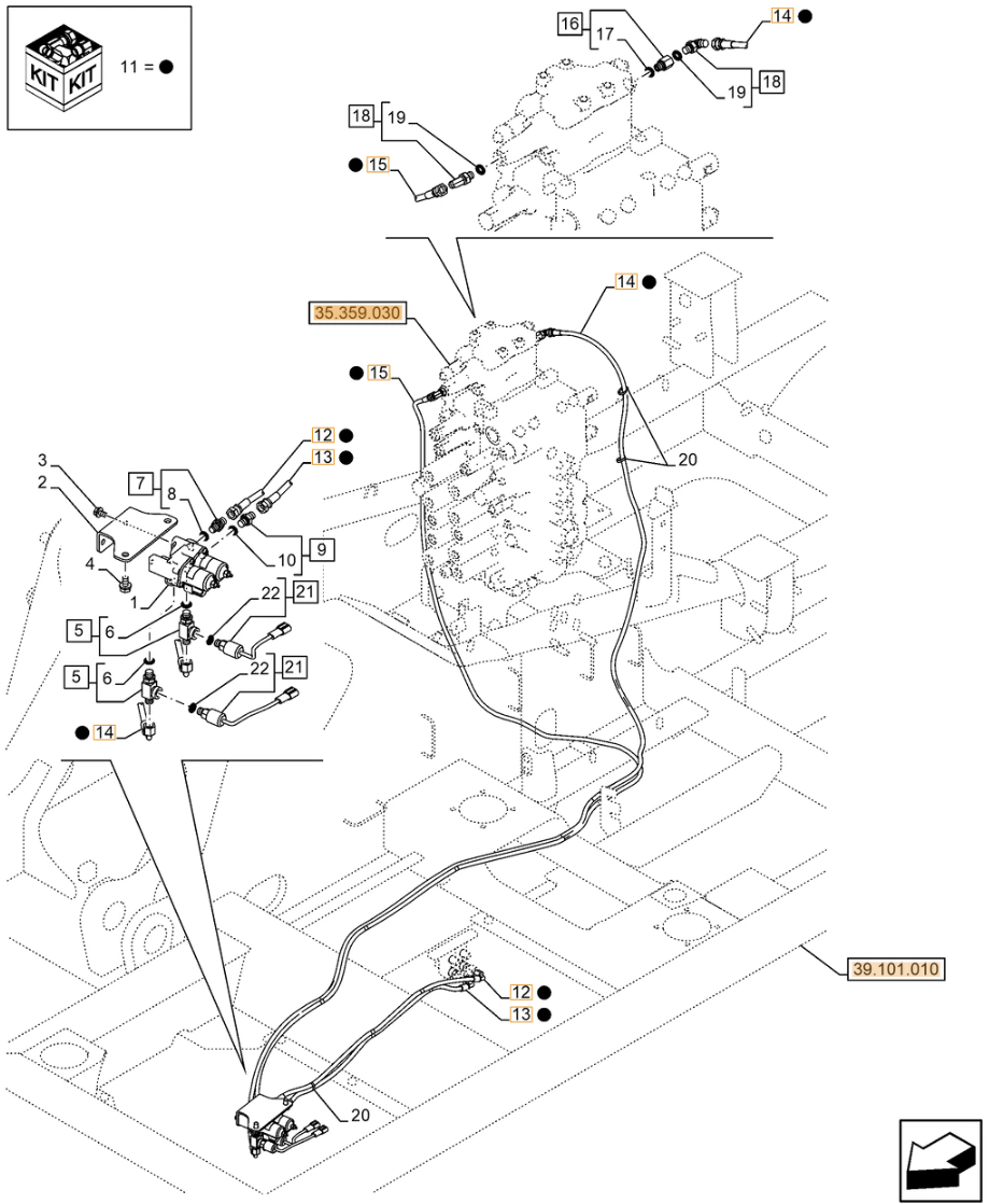Case CX240E NHD installation diagram showing hydraulic hose KHJ18020 at Pipe No. 14