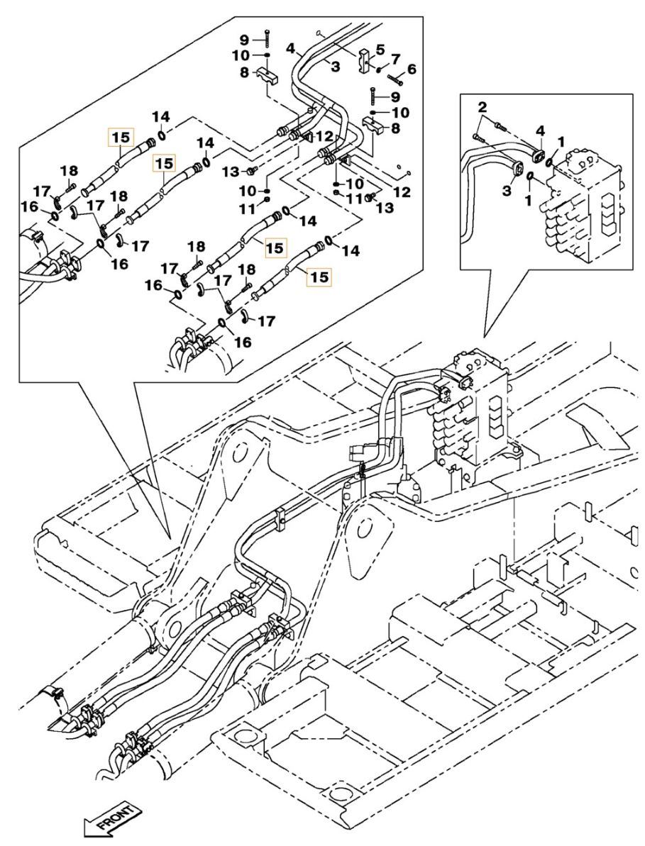 Case CX360B installation diagram showing hydraulic hose KSJ2683 at Pipe No. 15