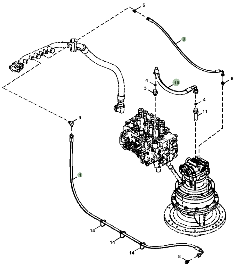 Hitachi ZX210-5G installation diagram showing hydraulic hose 4334456 at Pipe No. 1