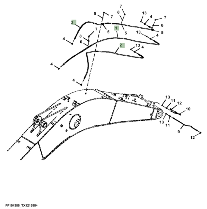 Hitachi ZX260F-FE-6N installation diagram showing hydraulic hose 4631052 at Pipe No. 1