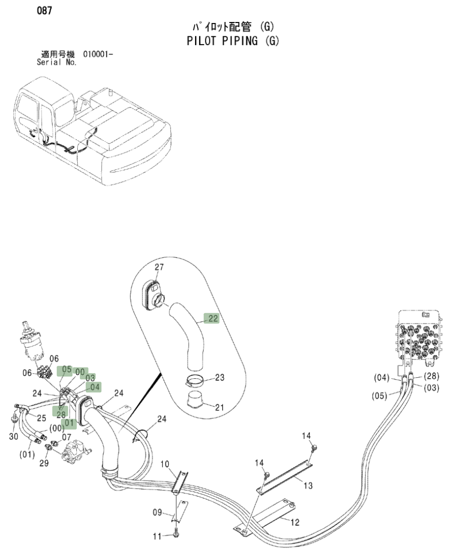 Hitachi ZX230LC installation diagram showing hydraulic hose 4437653 at Pipe No. 0