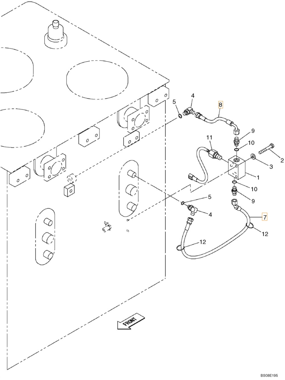 Case CX800B installation diagram showing hydraulic hose KHJ2238 at Pipe No. 8