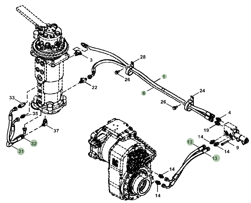 Hitachi ZX190W-6N installation diagram showing hydraulic hose 4436269 at Pipe No. 31