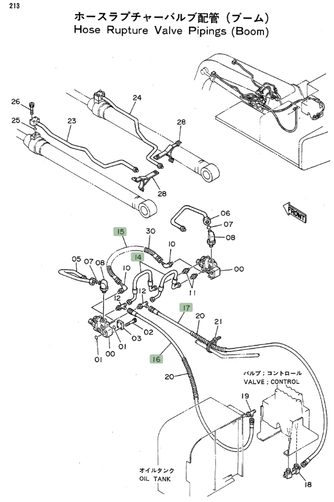 Hitachi EX100WD installation diagram showing hydraulic hose 4207963 at Pipe No. 15