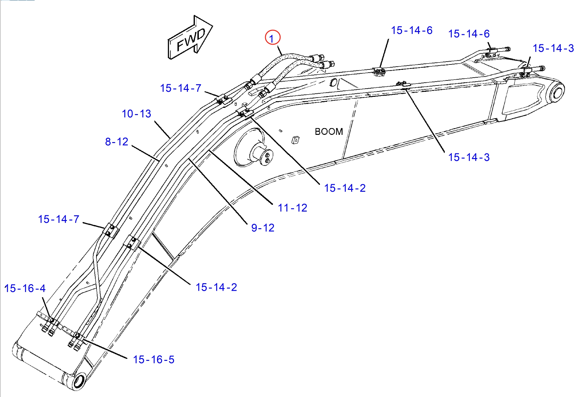 Caterpillar CAT®312D installation diagram showing hydraulic hose 4I-1095 at Pipe No. 1