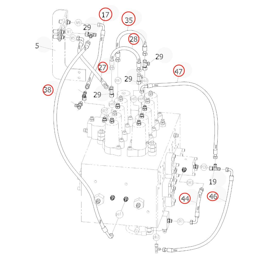 Sunward SWE365F installation diagram showing hydraulic hose 730502001142 at Pipe No. 44