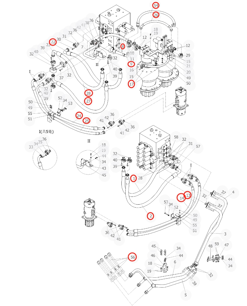 Sunward SWE500E-3 installation diagram showing hydraulic hose 730501004886 at Pipe No. 56