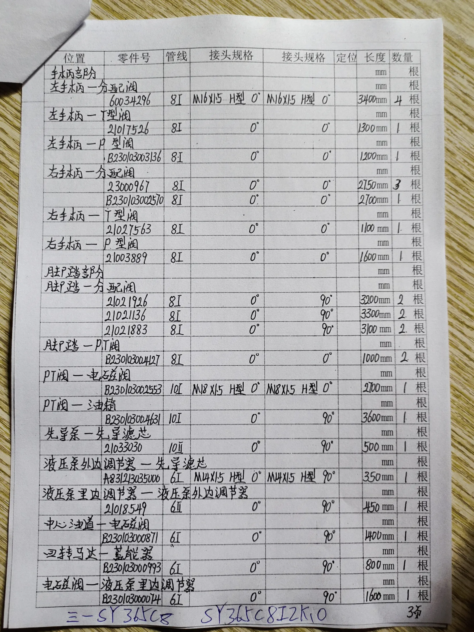 SANY SY365C8 hydraulic hose part numbers and recorded lengths — technician notebook page 3 of 5 — recorded hose parts B230030009936I, B2300300250, B23003002553