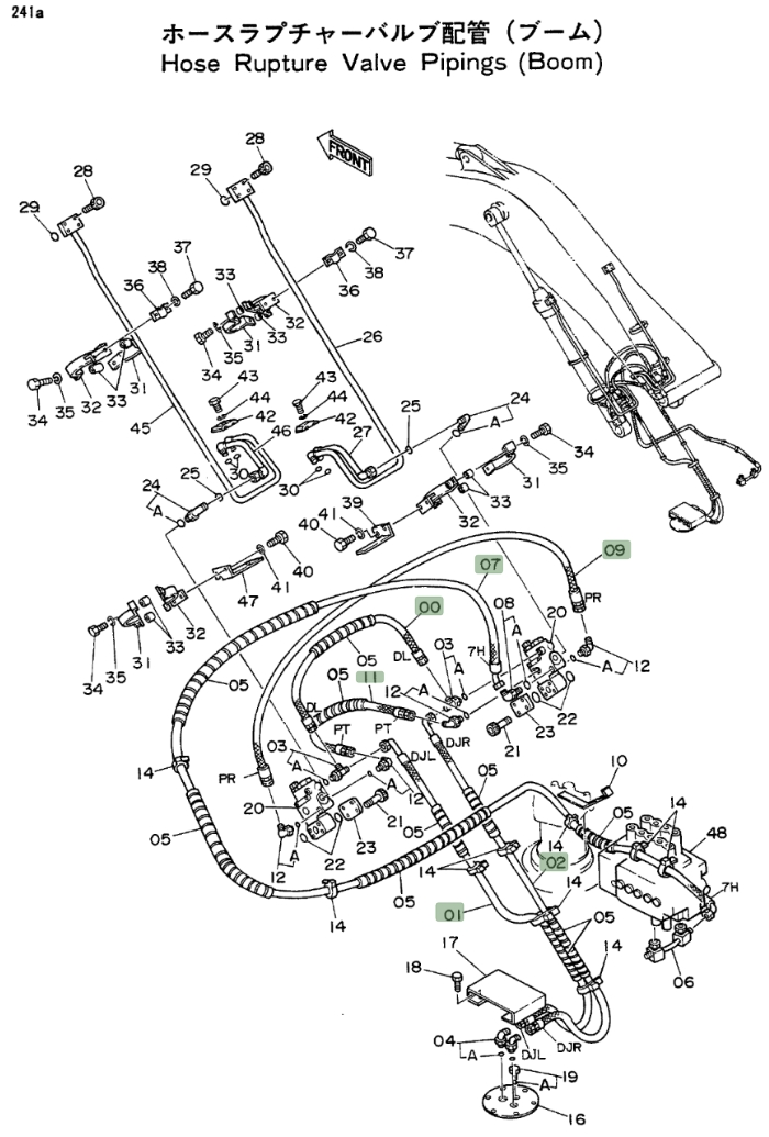 Hitachi EX200LC installation diagram showing hydraulic hose 4217308 at Pipe No. 11