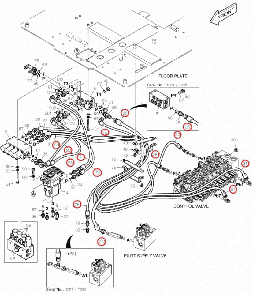 Doosan DX63-3 installation diagram showing hydraulic hose DS2092096 at Pipe No. 27