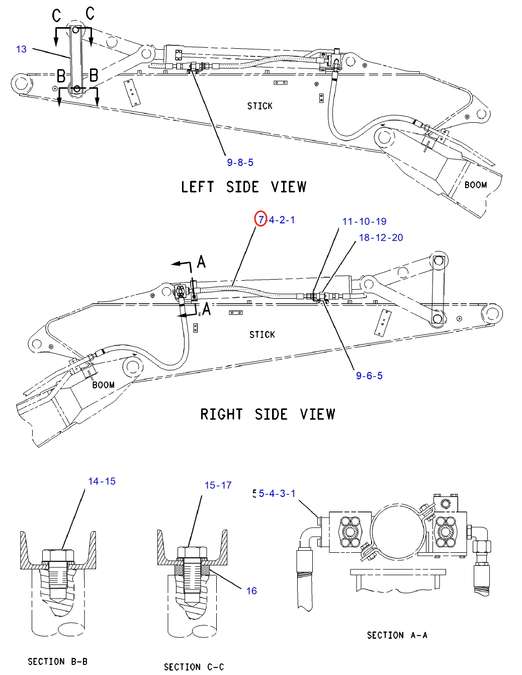 Caterpillar CAT®312C installation diagram showing hydraulic hose 4E-5786 at Pipe No. 7