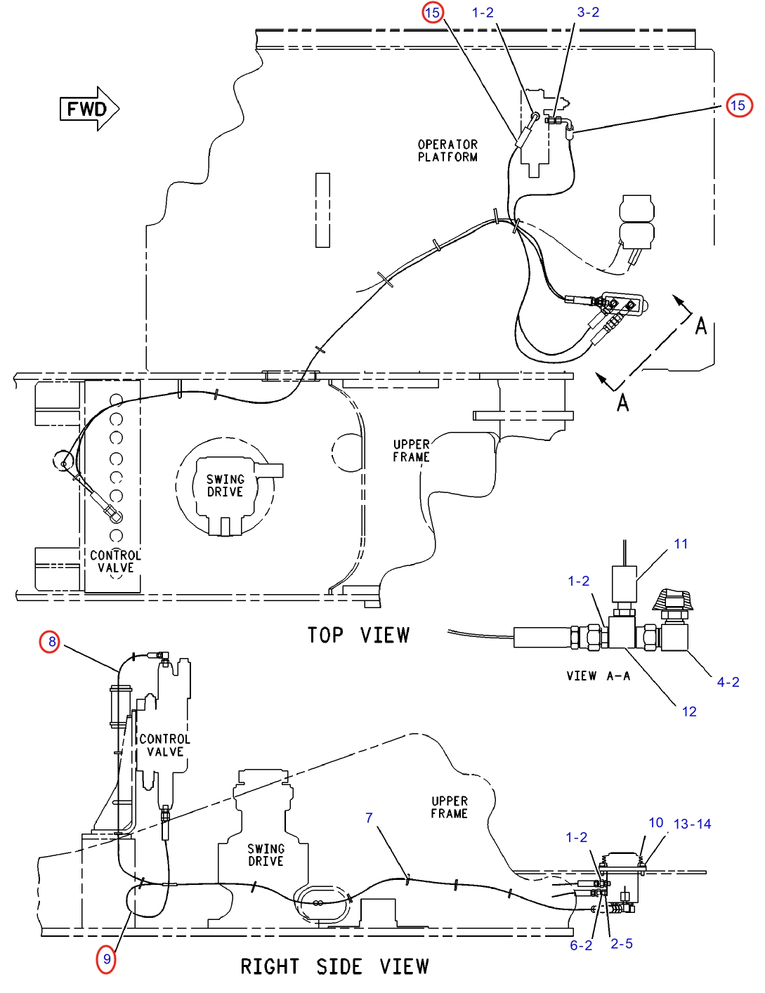 Caterpillar CAT®312B L installation diagram showing hydraulic hose 4I-1452 at Pipe No. 8