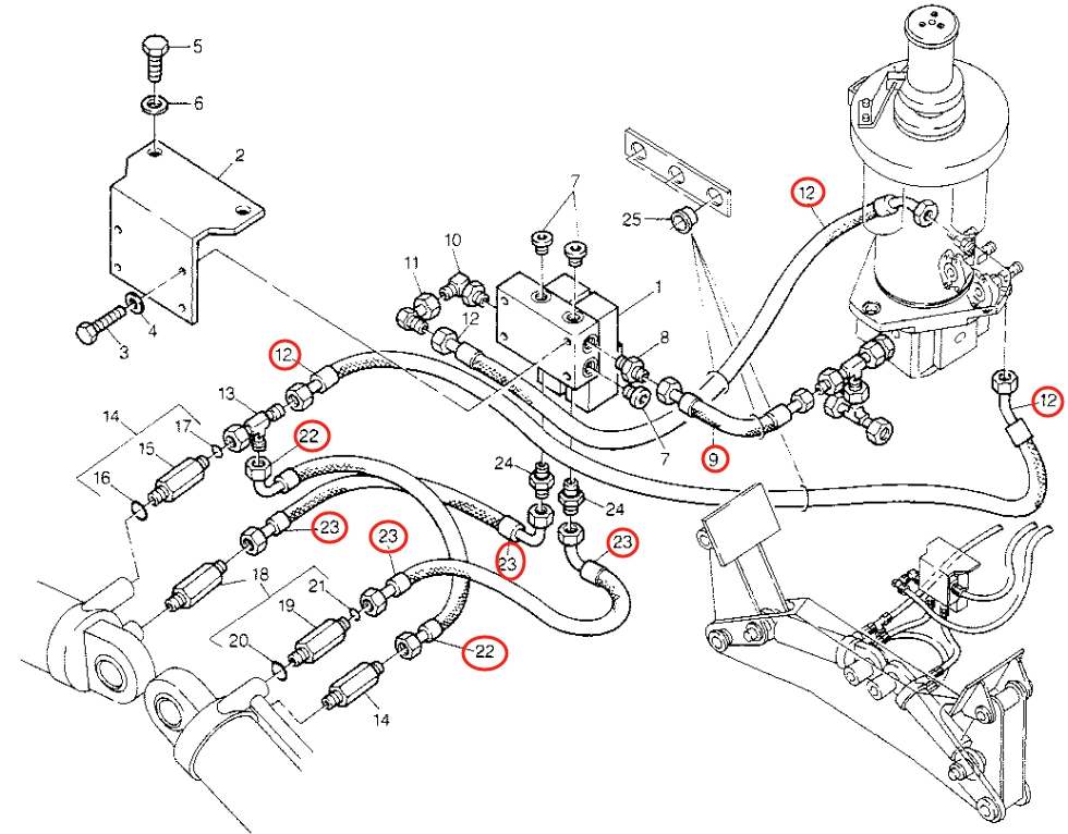 Caterpillar CAT®214B FT installation diagram showing hydraulic hose 8U-0106 at Pipe No. 9