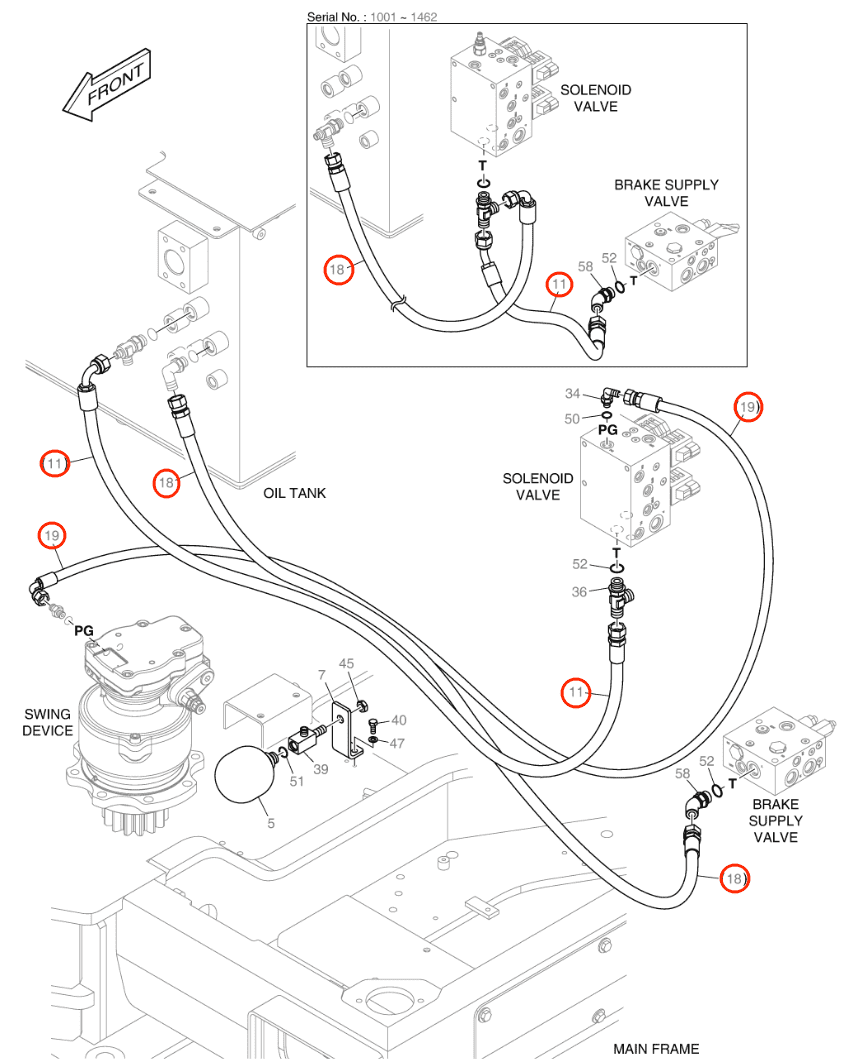 Doosan DX57W-5 installation diagram showing hydraulic hose DS2054341 at Pipe No. 11