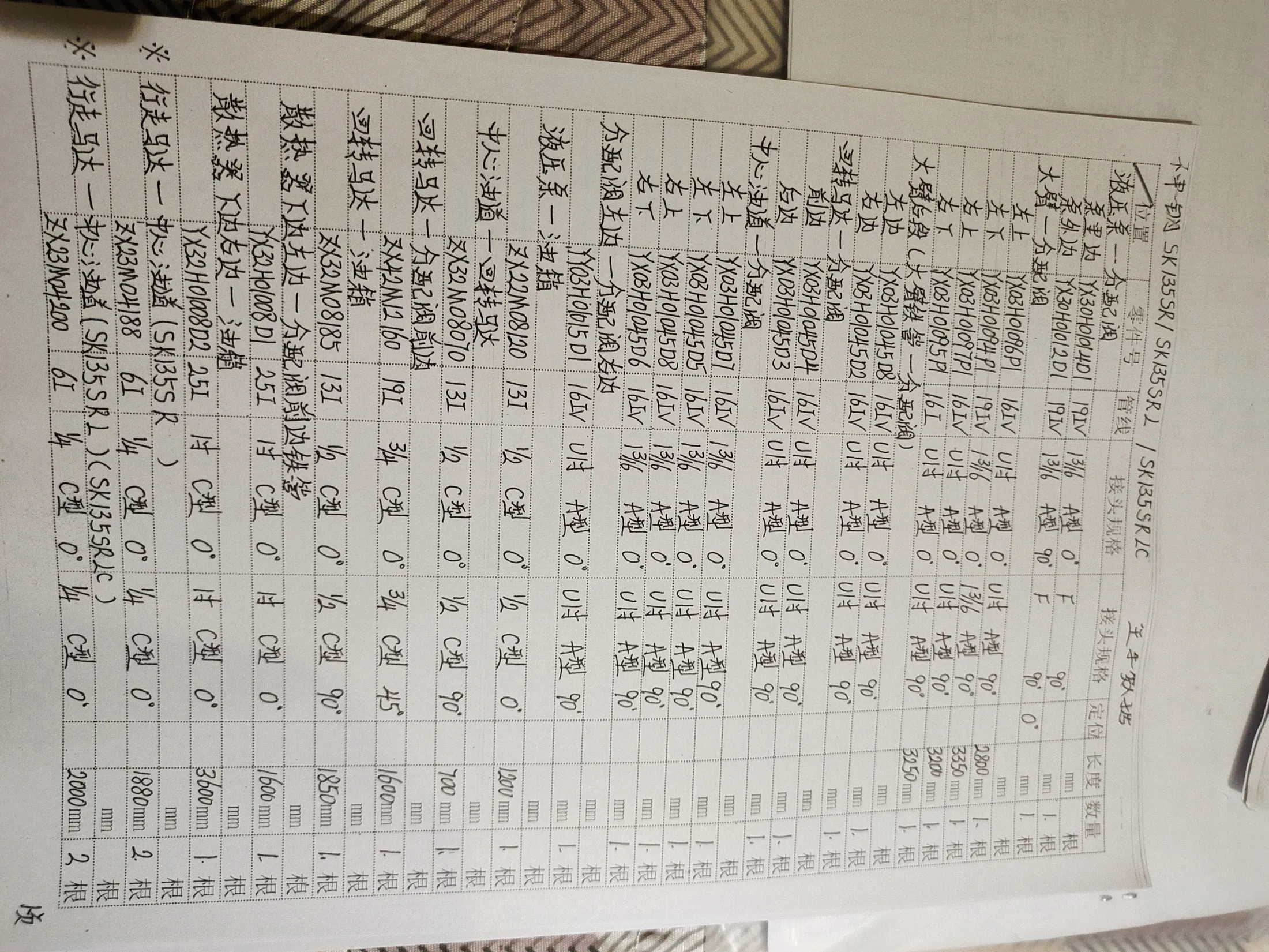 Kobelco SK135SR hydraulic hose part numbers and recorded lengths — technician notebook page 1 of 4