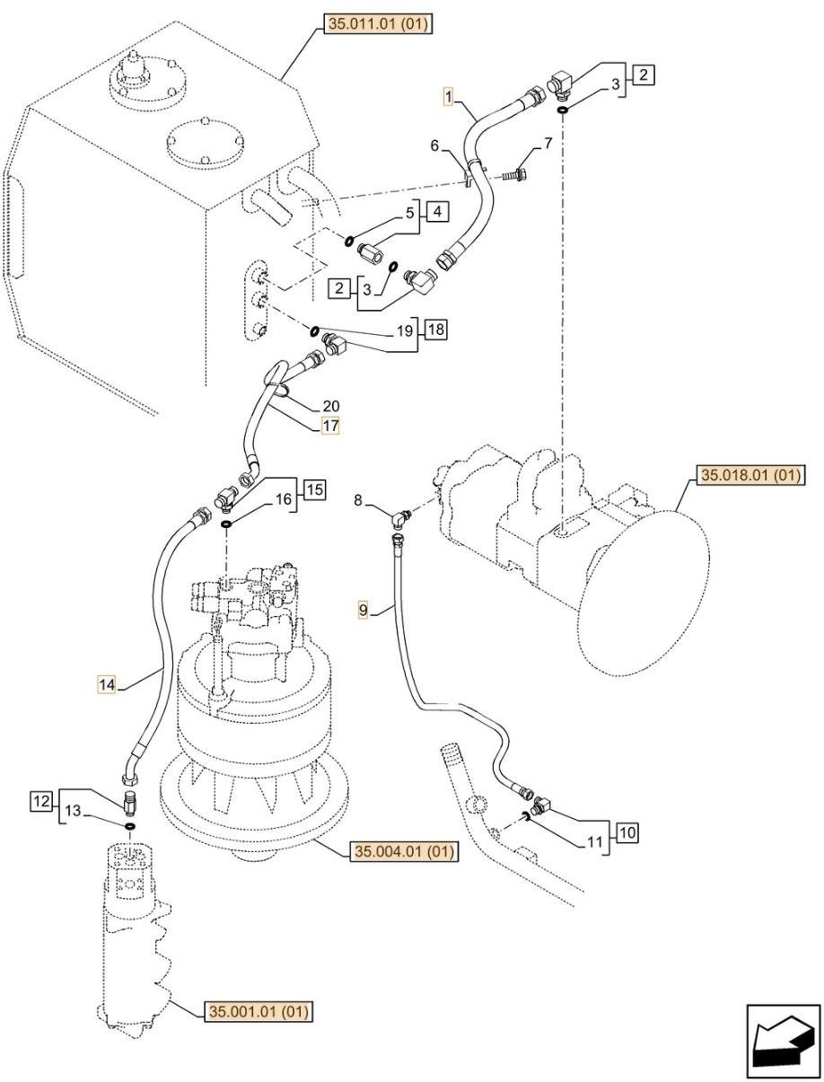 Case CX350C LC installation diagram showing hydraulic hose KEJ0396 at Pipe No. 17