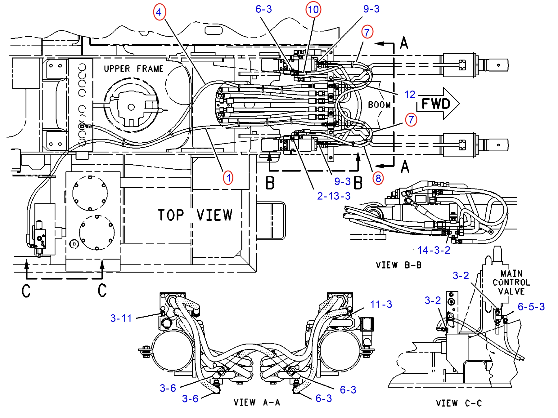 Caterpillar CAT®312-A installation diagram showing hydraulic hose 141-6246 at Pipe No. 7