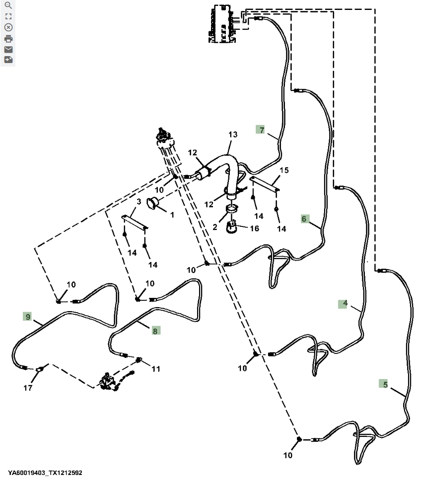 Hitachi ZX370FLC-LL-6N installation diagram showing hydraulic hose 4707585 at Pipe No. 9