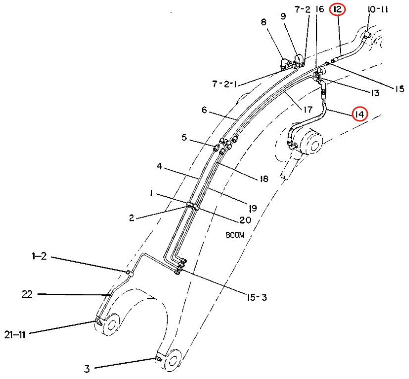 Caterpillar CAT®225D installation diagram showing hydraulic hose 3V-7516 at Pipe No. 14