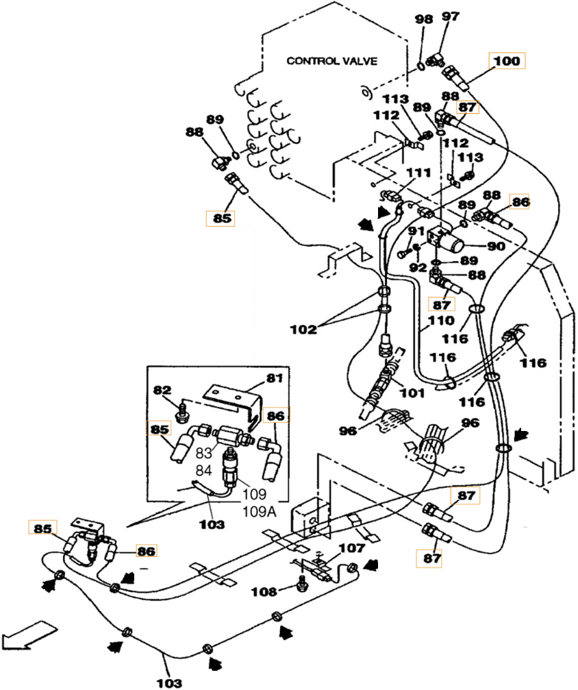 Case CX240 installation diagram showing hydraulic hose 159009A1 at Pipe No. 86