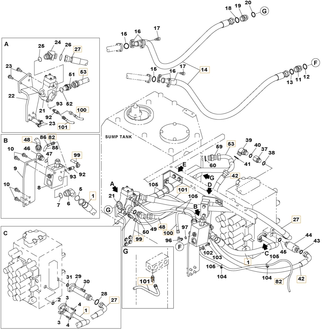 Case CX300B installation diagram showing hydraulic hose KHJ2050 at Pipe No. 101