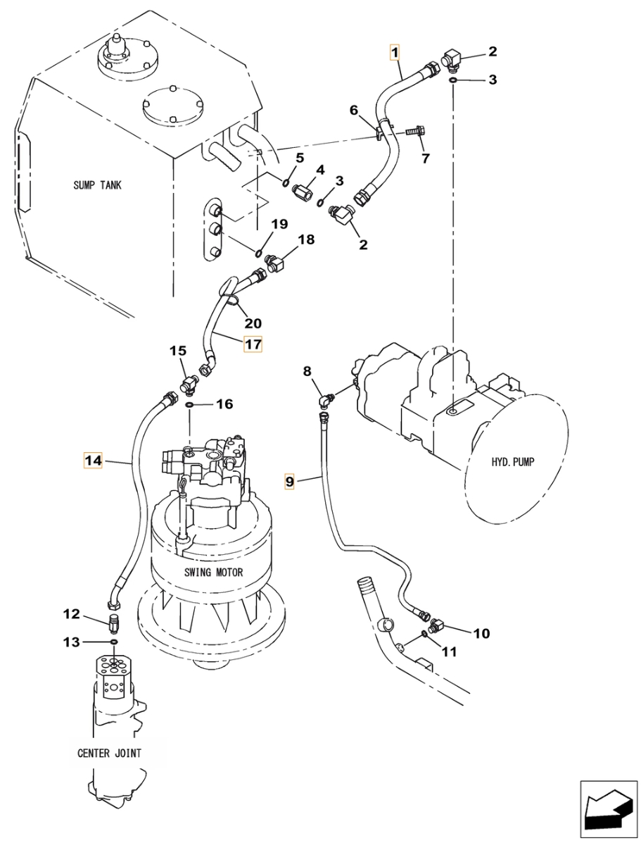 Case CX350C-8 installation diagram showing hydraulic hose KSJ12950 at Pipe No. 9