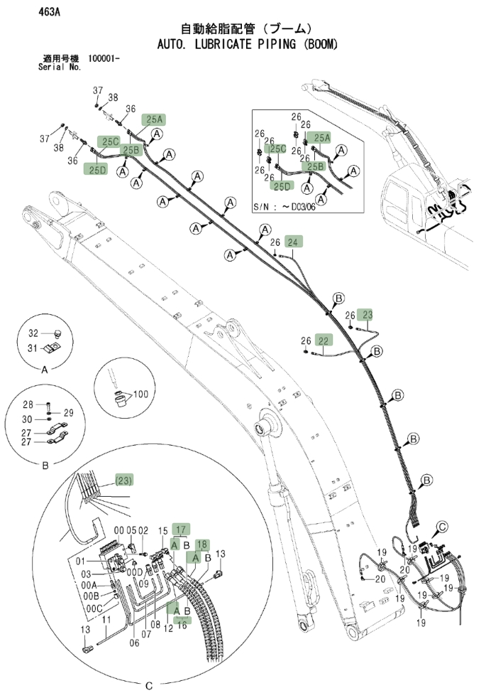 Hitachi ZX200LC installation diagram showing hydraulic hose 4619479 at Pipe No. 25B