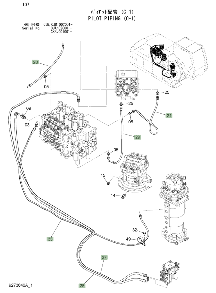 Hitachi ZX220W-3 installation diagram showing hydraulic hose 4657527 at Pipe No. 28