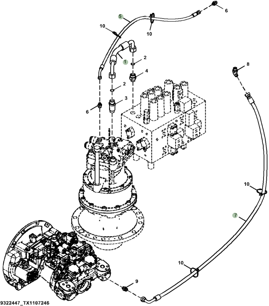 Hitachi ZX180LC-5N installation diagram showing hydraulic hose 9259949 at Pipe No. 7