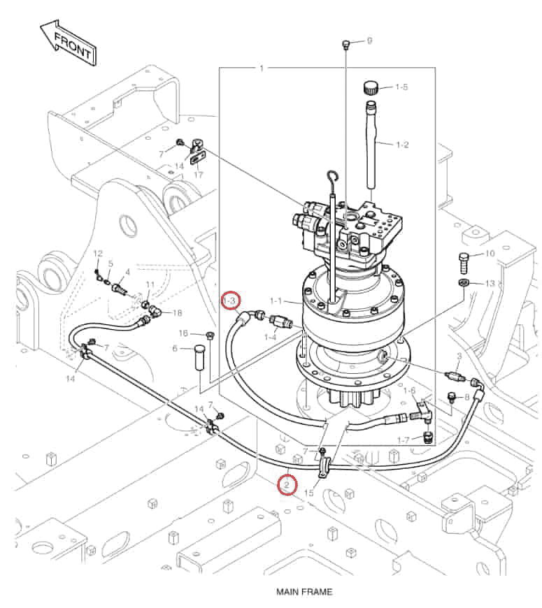 Doosan DX140LCR-5 installation diagram showing hydraulic hose DS2093250 at Pipe No. 1-3