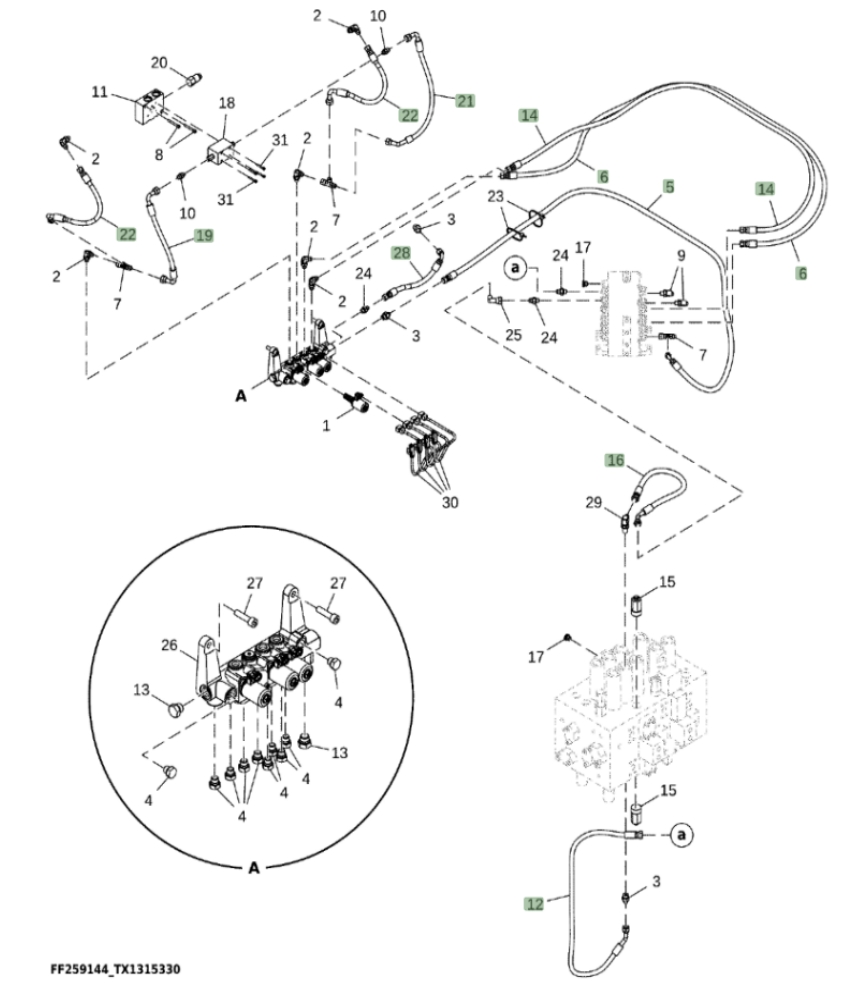Hitachi ZX310F-LL-6N installation diagram showing hydraulic hose FF502640 at Pipe No. 6