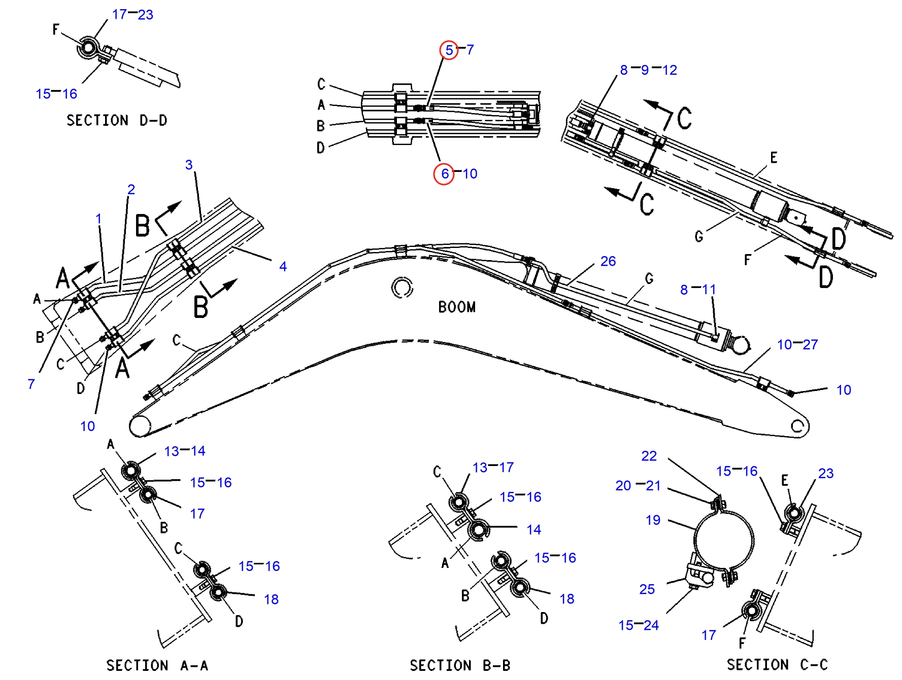 Caterpillar CAT®315-A installation diagram showing hydraulic hose 4I-3823 at Pipe No. 5