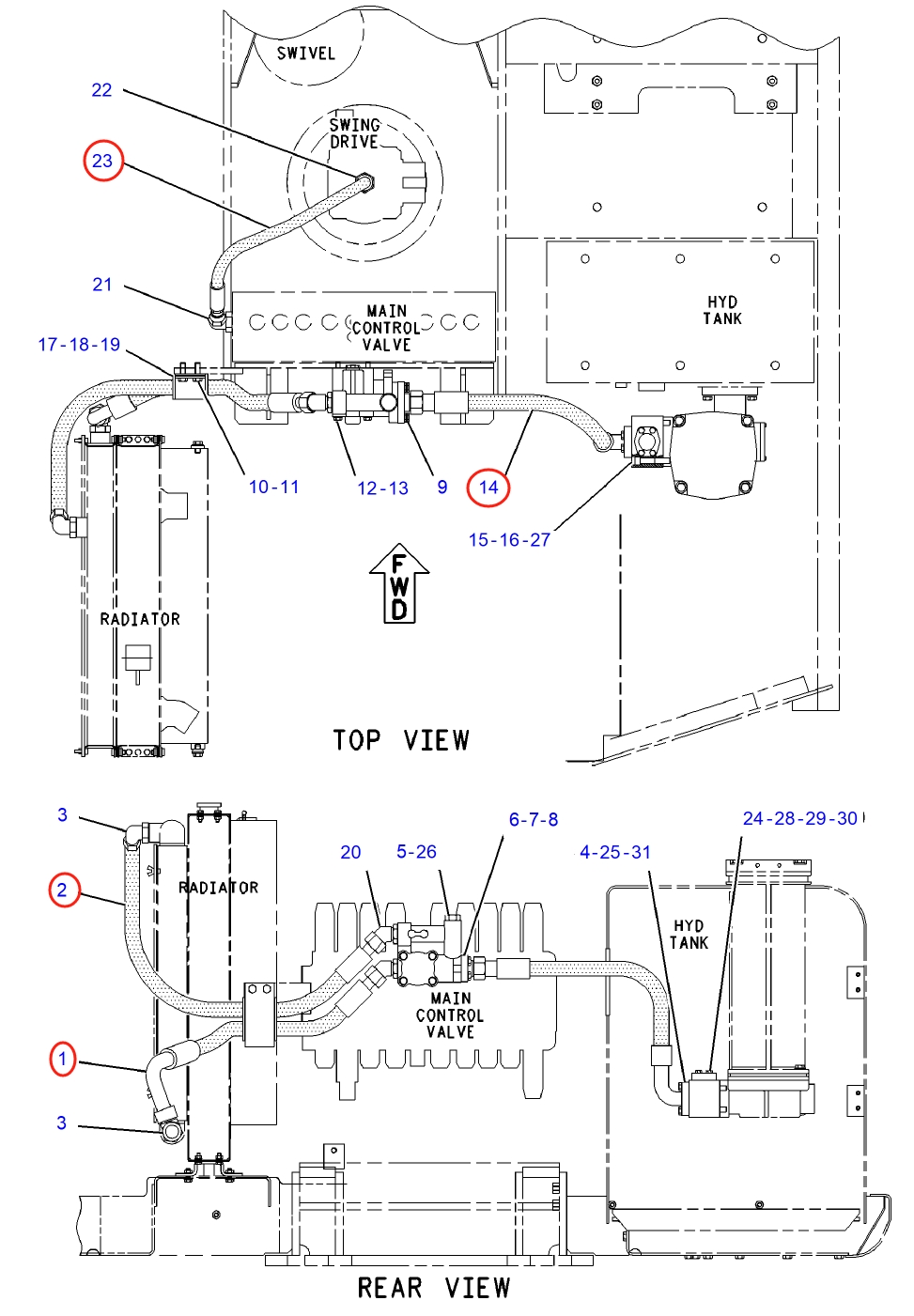 Caterpillar CAT®312B L installation diagram showing hydraulic hose 135-1262 at Pipe No. 2