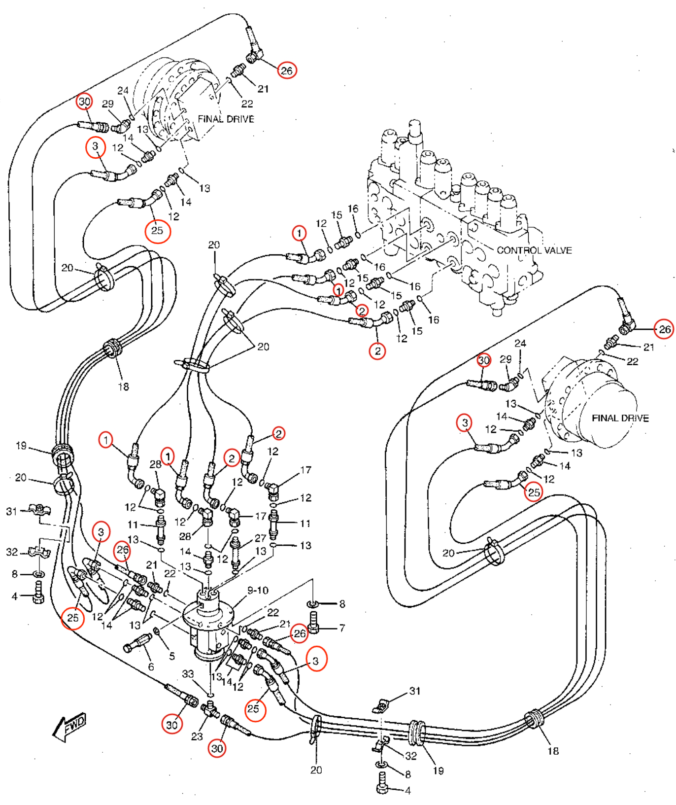 Caterpillar CAT®315B installation diagram showing hydraulic hose 131-9836 at Pipe No. 30