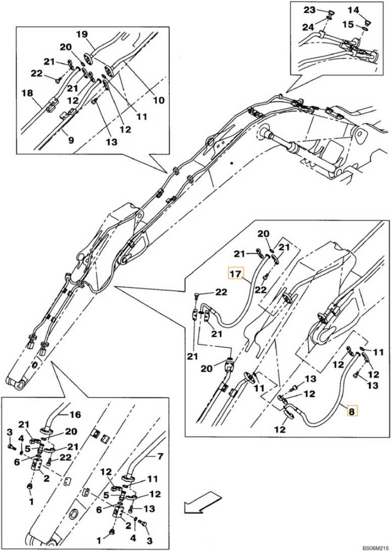 Case CX290B installation diagram showing hydraulic hose KBV15980 at Pipe No. 8