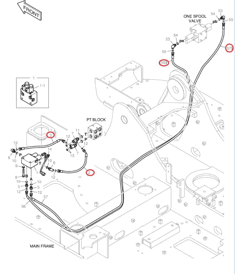 Doosan DX140LCR-5 installation diagram showing hydraulic hose DS2121017 at Pipe No. 56