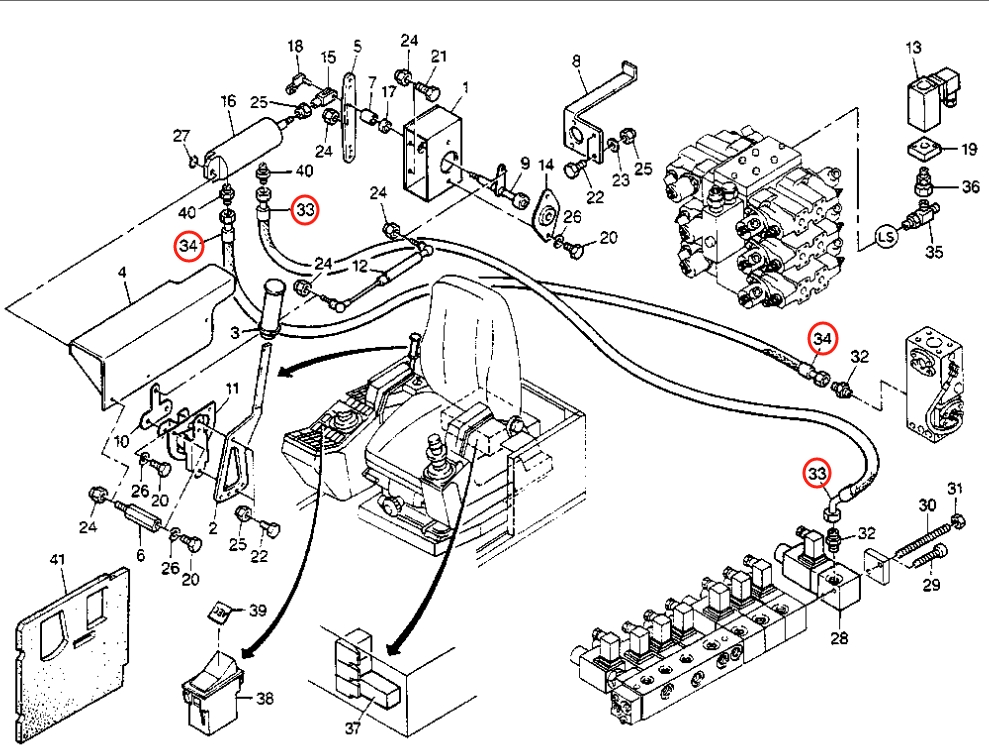 Caterpillar CAT®211B installation diagram showing hydraulic hose 8U-7090 at Pipe No. 34