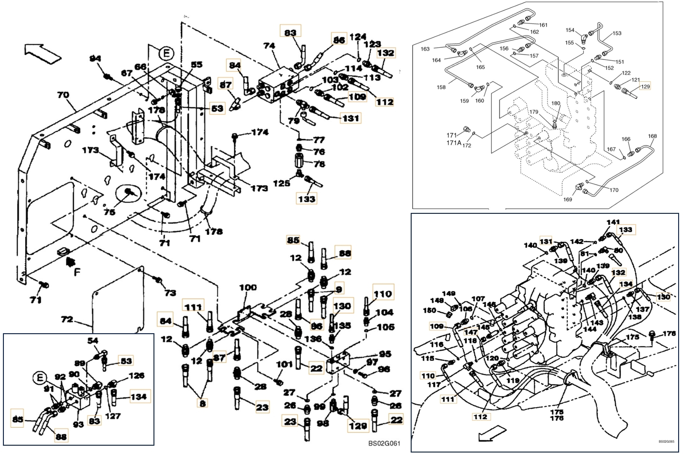 Case CX210LR installation diagram showing hydraulic hose 162555A1 at Pipe No. 129