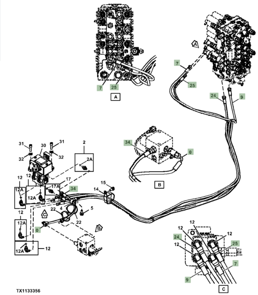 Hitachi ZX85USB-5N installation diagram showing hydraulic hose 4665242 at Pipe No. 34