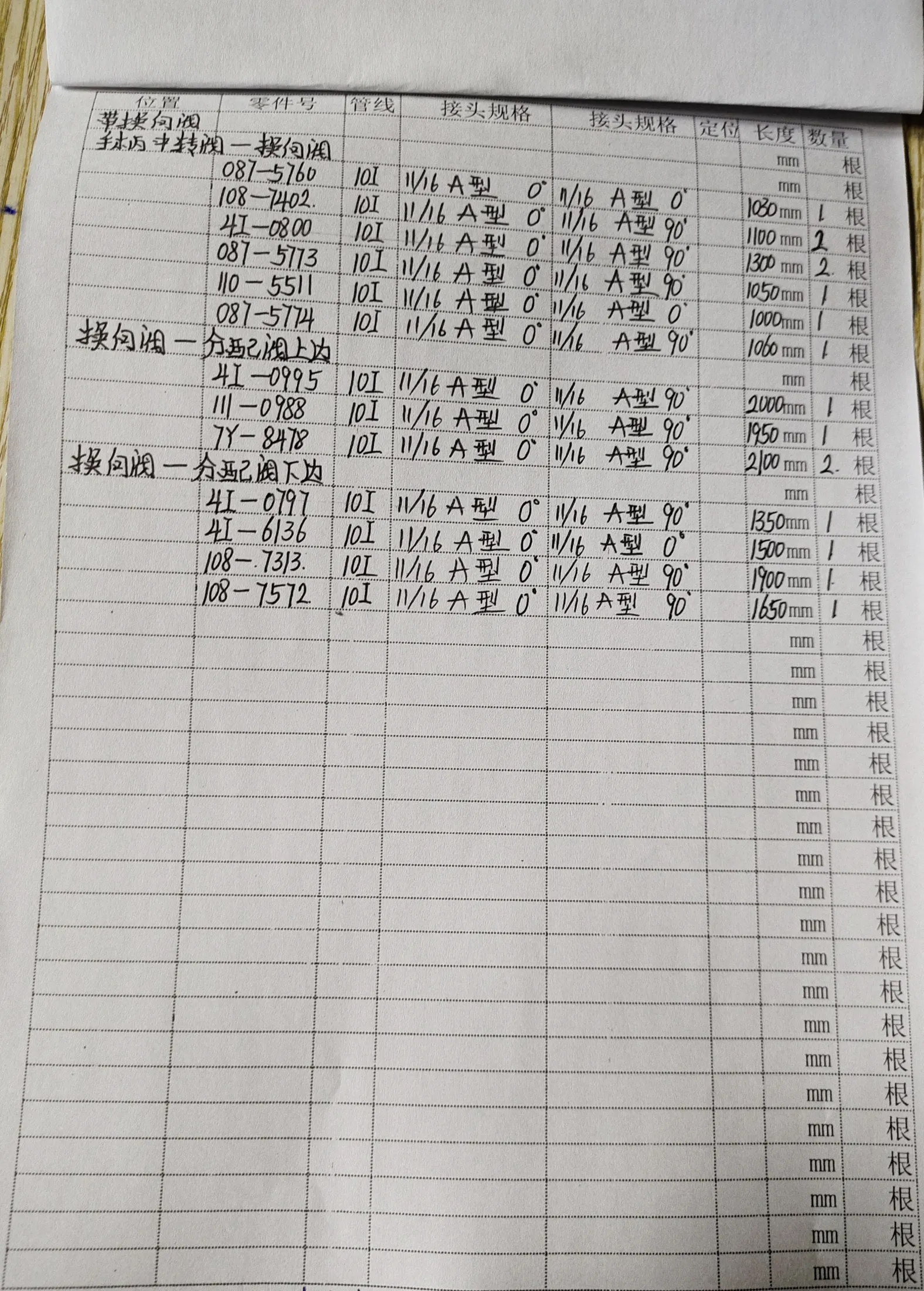 卡特 CAT®312C hydraulic hose part numbers and recorded lengths — technician notebook page 6 of 6