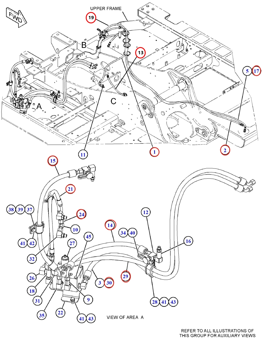 Caterpillar CAT®313D2 installation diagram showing hydraulic hose 285-2719 at Pipe No. 17